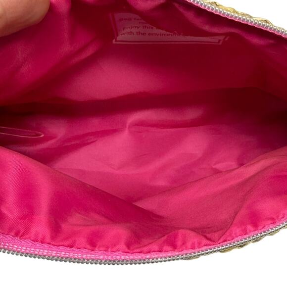 Tropical Floral Cosmetic Bag Pink & Woven Straw Trim Zip Pouch - Picture 4 of 5